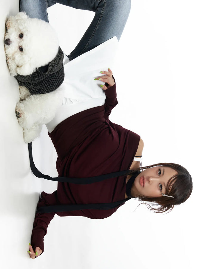 asymmetric-one-shoulder-long-sleeve-top-cf513 / Dark red