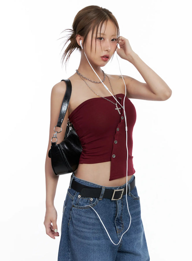 asymmetric-button-tube-top-cl510 / Dark red