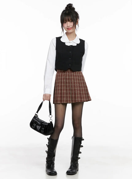 plaid-pleated-mini-skirt-cg519 / Dark red