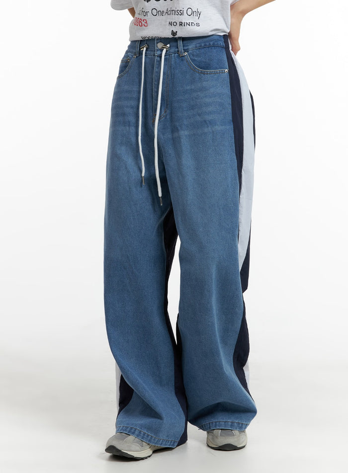 contrasting-trim-drawstring-baggy-jeans-cm407