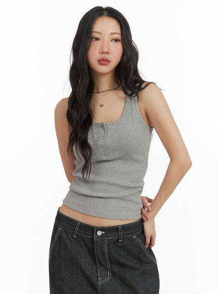 solid-rib-button-up-tank-crop-top-cm425 / Gray