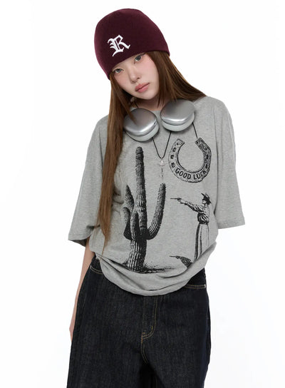 oversized-western-print-tee-ca521 / Gray