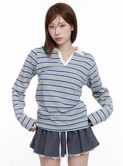 striped-v-neck-collar-polo-shirt-cg529 / Gray