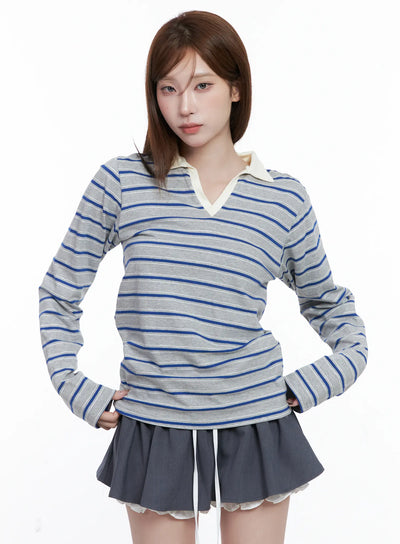 striped-v-neck-collar-polo-shirt-cg529 / Gray