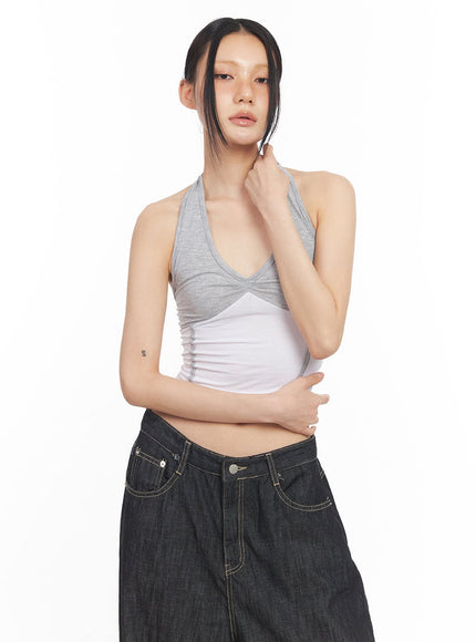shirred-halter-v-neck-crop-tank-top-cy528 / Gray
