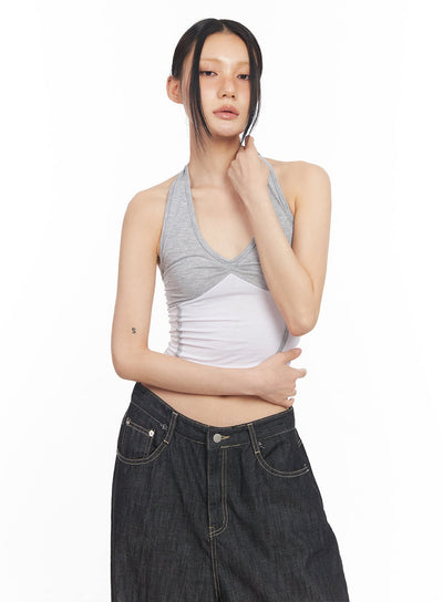 shirred-halter-v-neck-crop-tank-top-cy528 / Gray