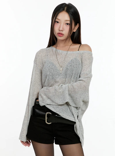 off-shoulder-sheer-long-sleeve-top-cg501 / Gray