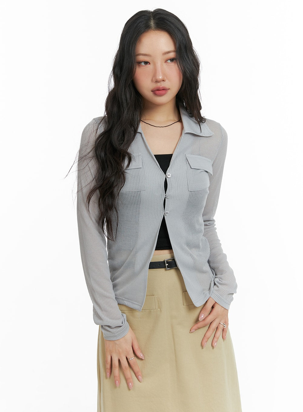 sheer-button-up-collared-top-cm426 / Gray