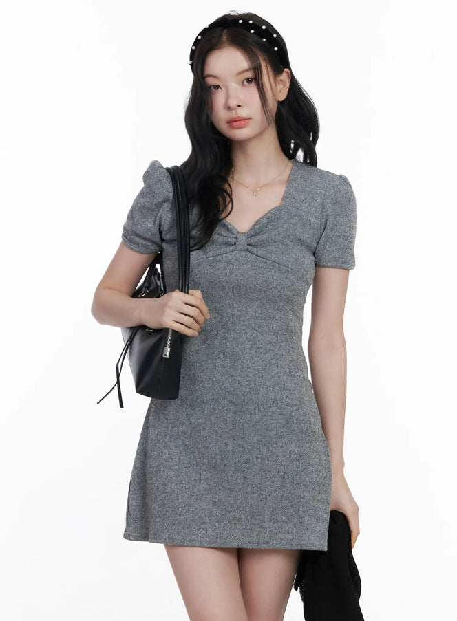 bow-accent-short-sleeve-mini-dress-ca509 / Gray