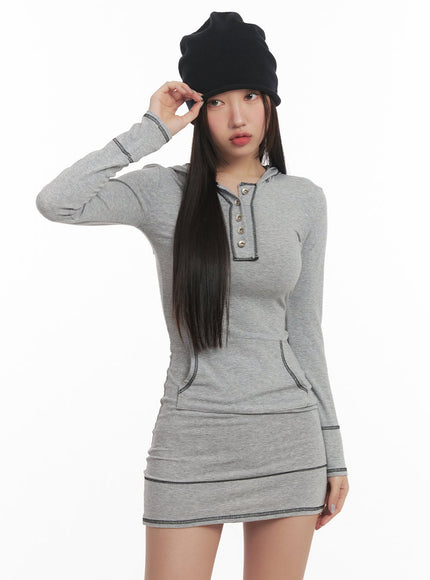 stitched-slim-fit-hooded-mini-dress-cf520 / Gray