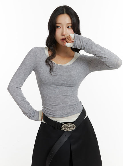 casual-u-neck-long-sleeve-top-cj417 / Gray