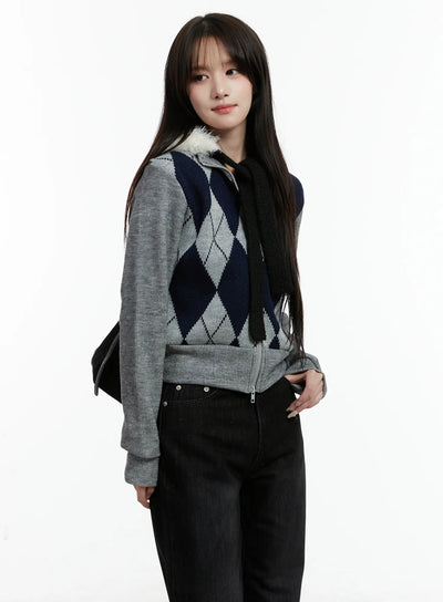 argyle-pattern-knit-zip-up-sweater-cd523 / Gray
