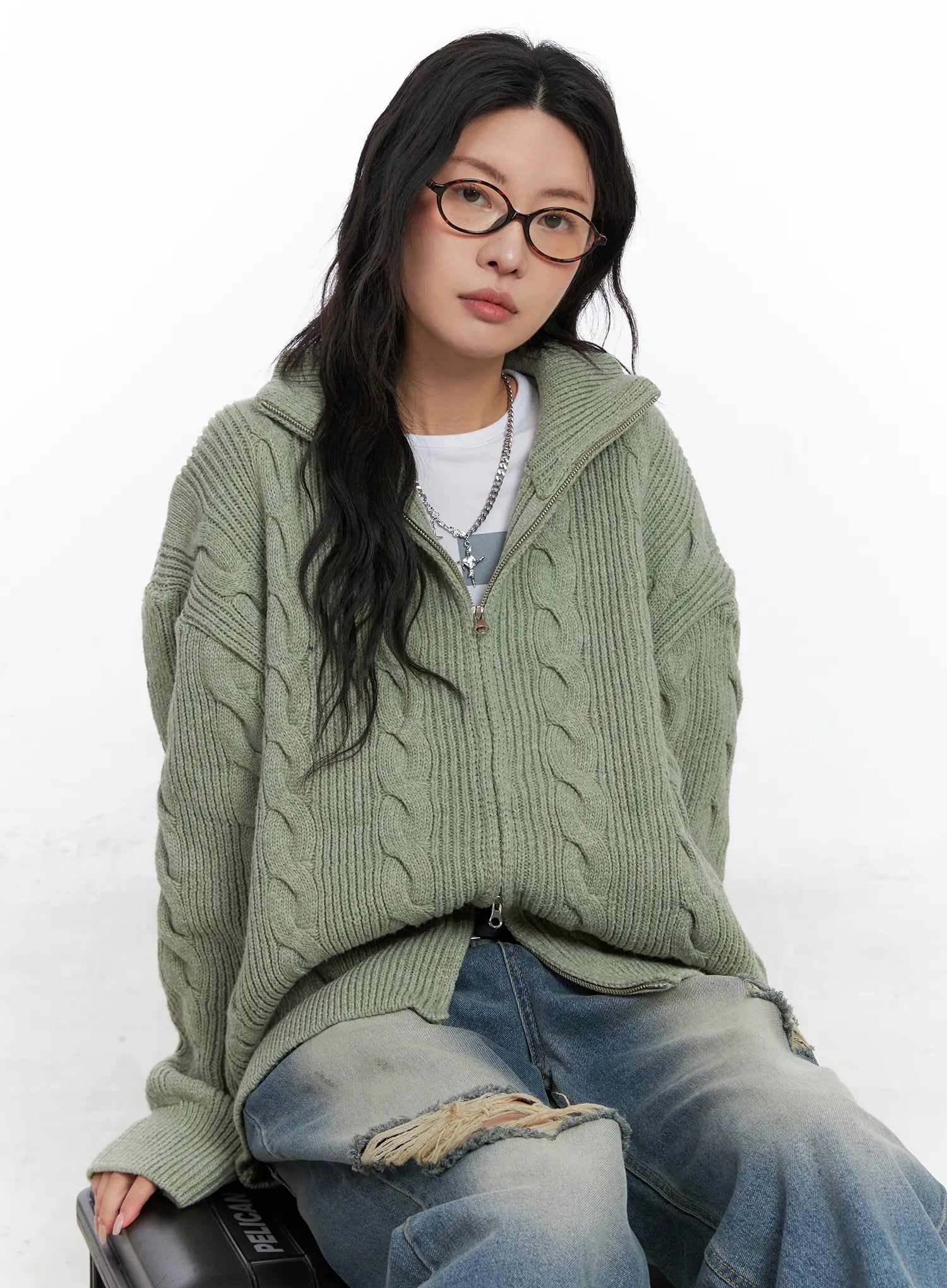 oversized-cable-knit-zip-up-sweater-co508 / Green