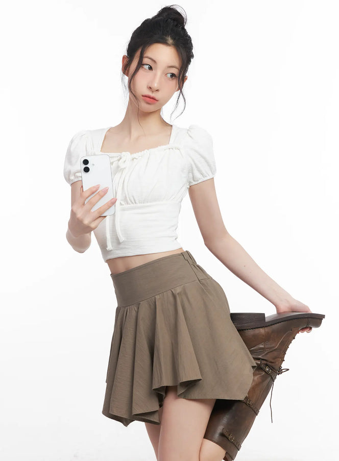 puff-sleeve-square-neck-crop-top-cu510 / Light beige
