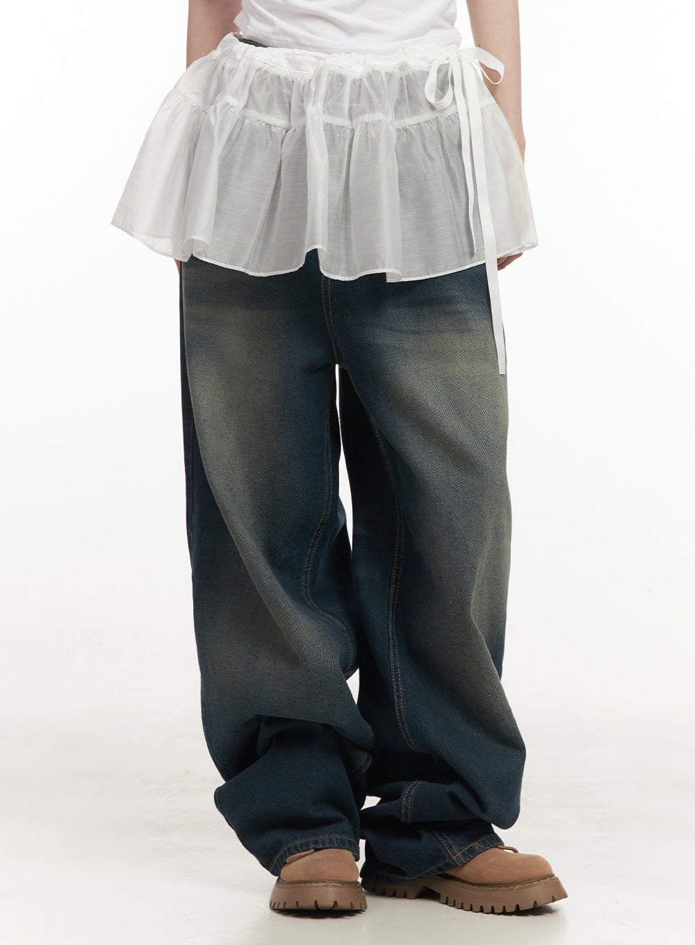 layered-shirring-sheer-mini-skirt-cf513 / Light beige