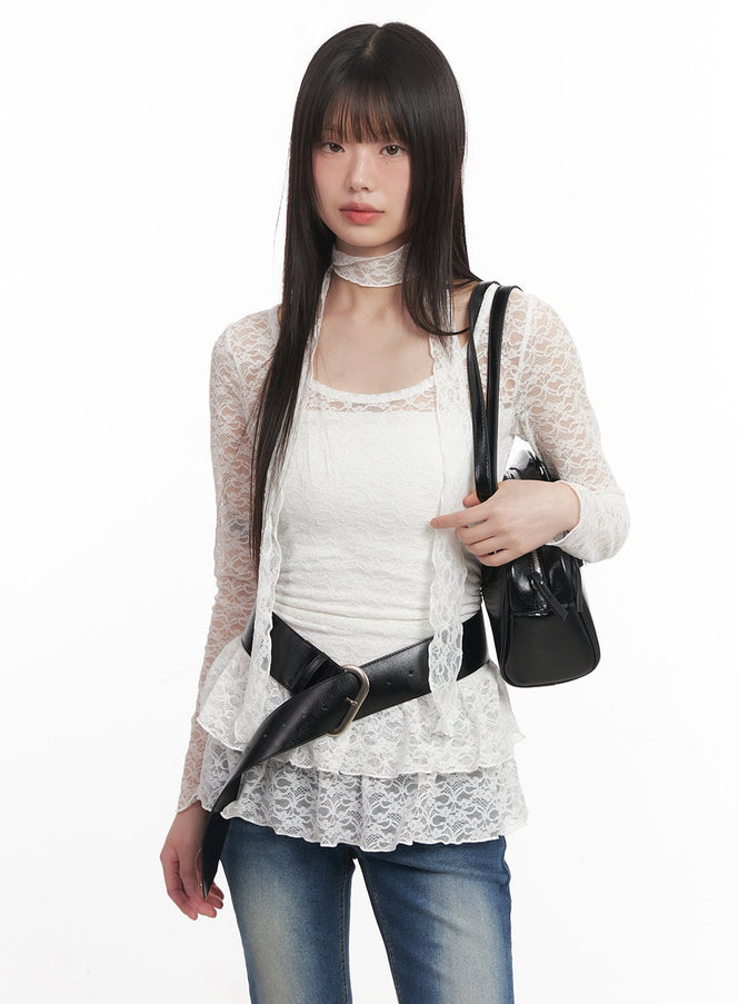 Lace Frill Slim-Fit Long Sleeve Top & Scarf Set CM519