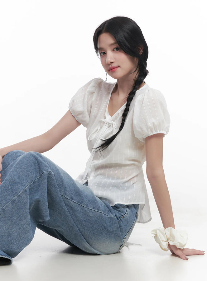 ribbon-short-sleeve-blouse-cu523 / Light beige
