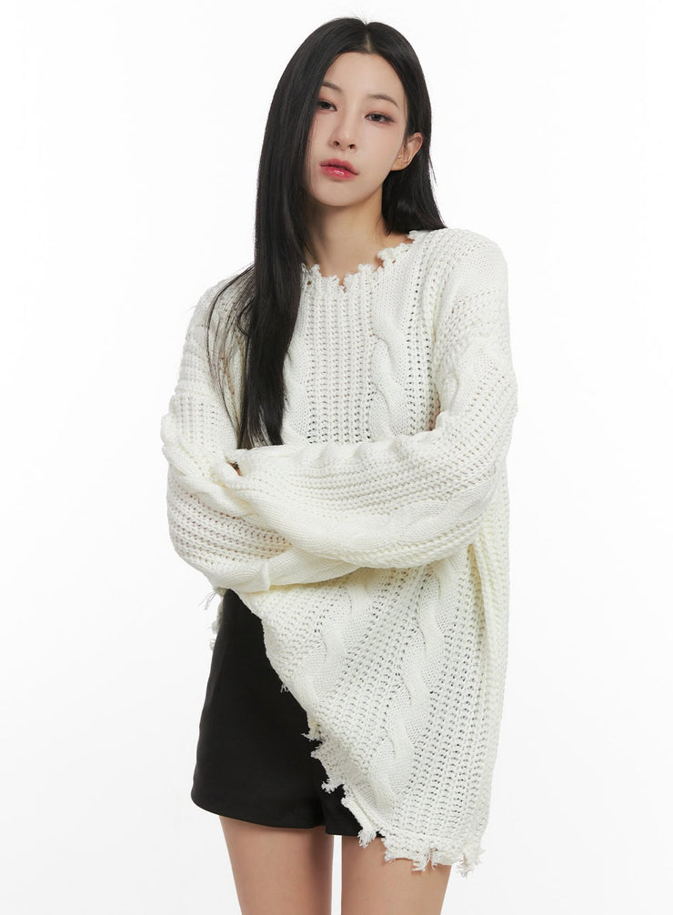 oversize-damaged-knit-sweater-cn416 / Light beige