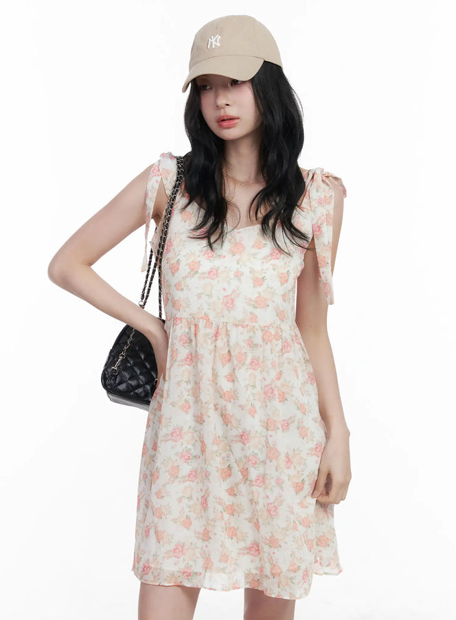 chiffon-floral-tie-strap-mini-dress-ca509 / Light beige