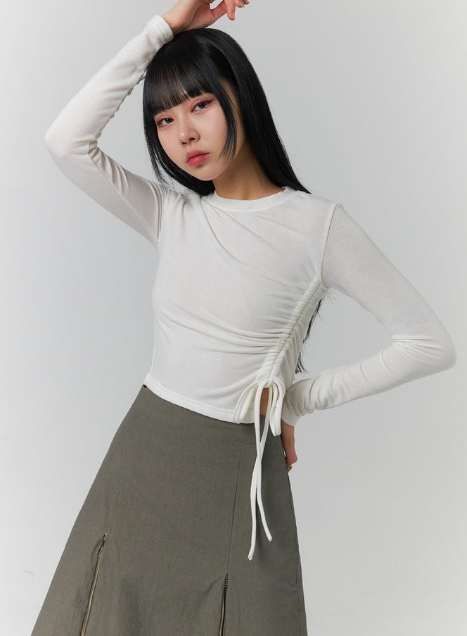 drawstring-long-sleeve-round-neck-tee-cj419 / Light beige