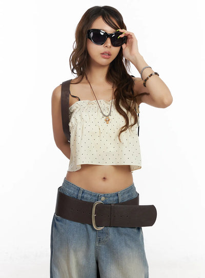 polka-dot-shirred-ribbon-tie-cami-top-cm520 / Light beige