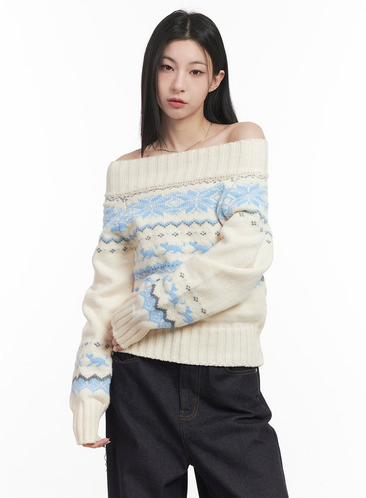 Nordic Print Off-Shoulder Sweater CF514