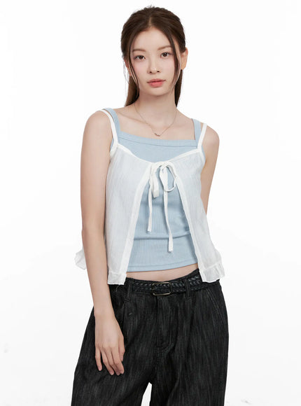 frill-ribbon-bustier-tank-cl523 / Light beige