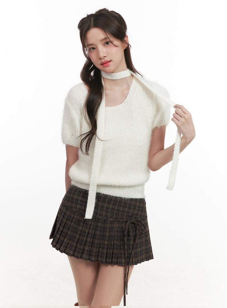 cozy-knit-short-sleeve-sweater-with-scarf-cj514 / Light beige