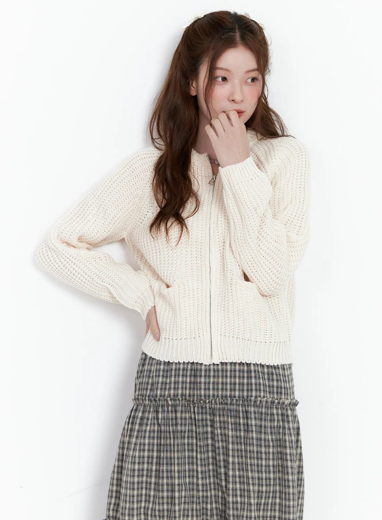 waffle-knit-zip-up-cardigan-cg520 / Light beige