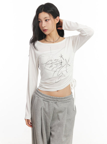graphic-shirred-crop-top-ca504 / Light beige