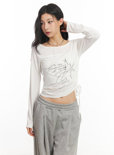 graphic-shirred-crop-top-ca504 / Light beige