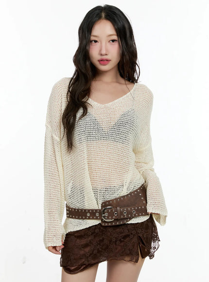 mesh-v-neck-long-sleeve-top-cl531 / Light beige