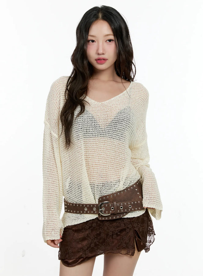 mesh-v-neck-long-sleeve-top-cl531 / Light beige