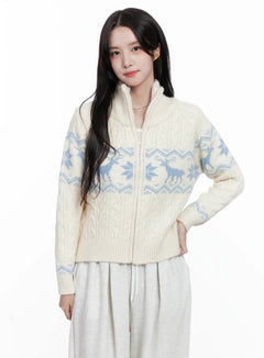 cable-knit-funnel-neck-zip-up-sweater-cs523 / Light beige