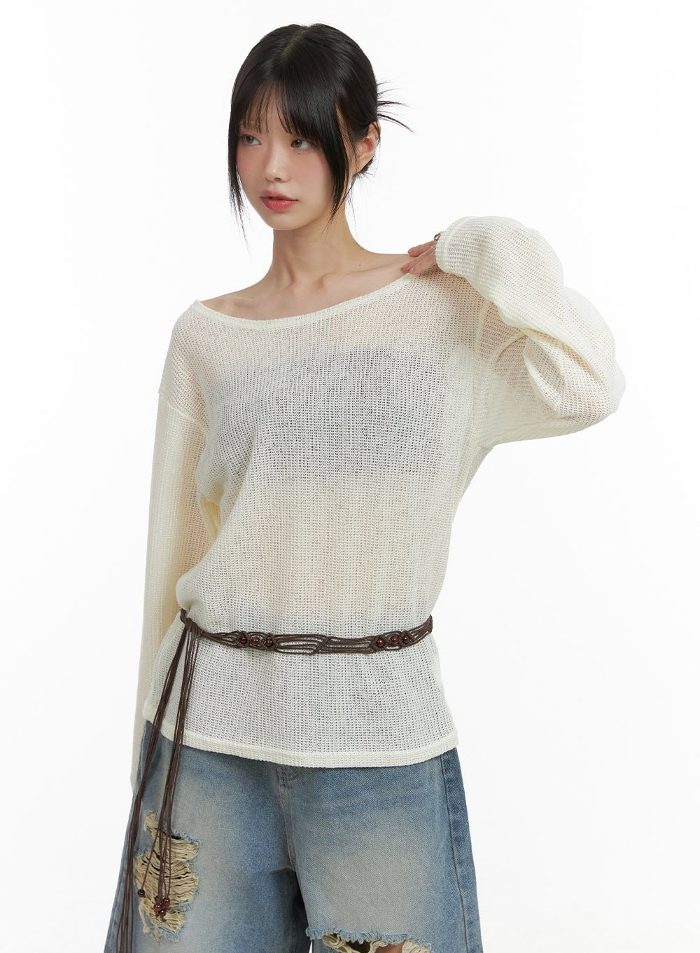 sheer-bliss-off-shoulder-sweater-cl412 / Light beige