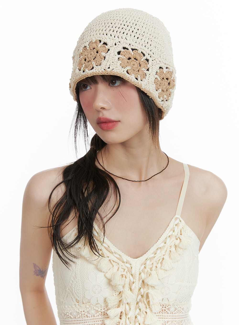 floral-crochet-beanie-ca412 / Light beige