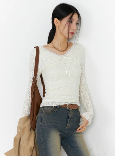 ribbon-v-neck-long-sleeve-top-cc1109 / Light beige