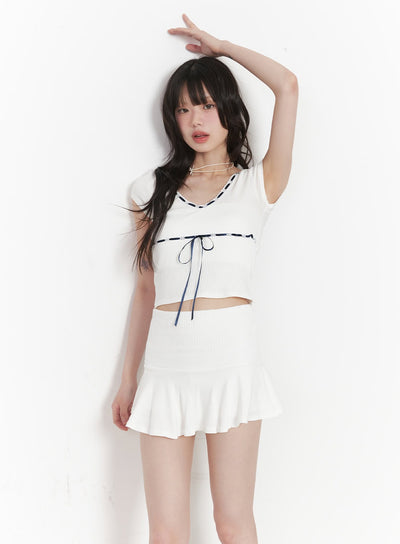 ribbon-v-neck-crop-t-shirt-cy520 / White