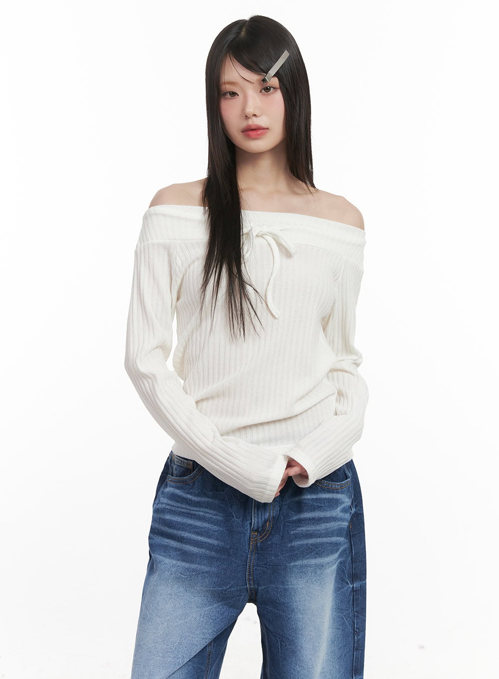 Ribbed Off-Shoulder Long-Sleeve Ribbon Top CJ524