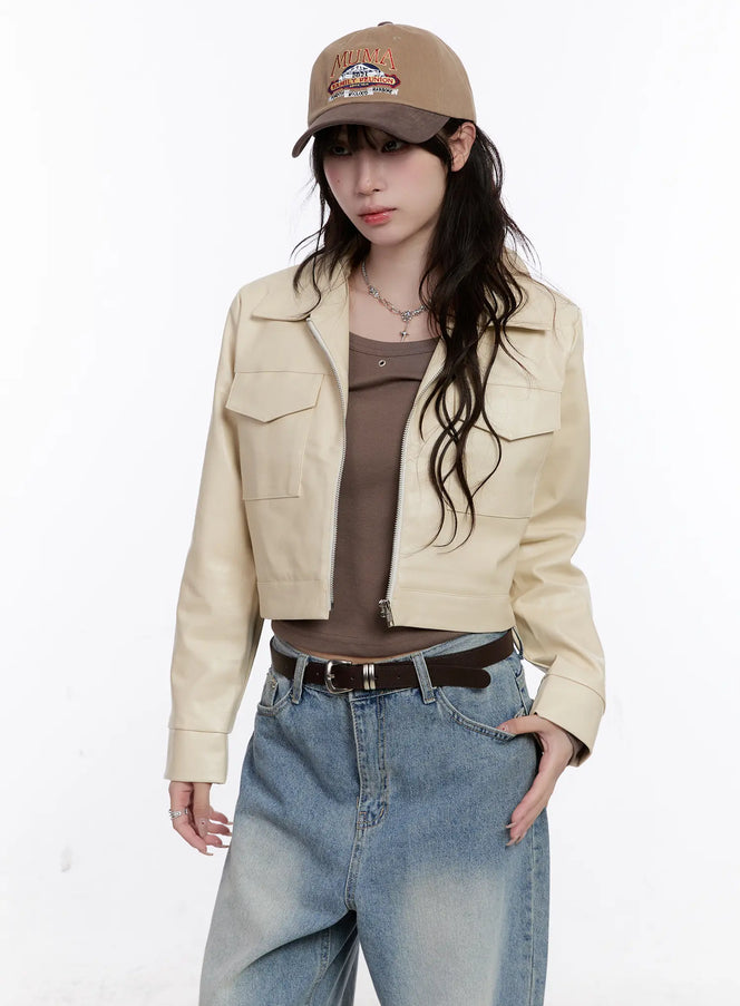 faux-leather-cropped-zip-up-jacket-cs530 / Light beige