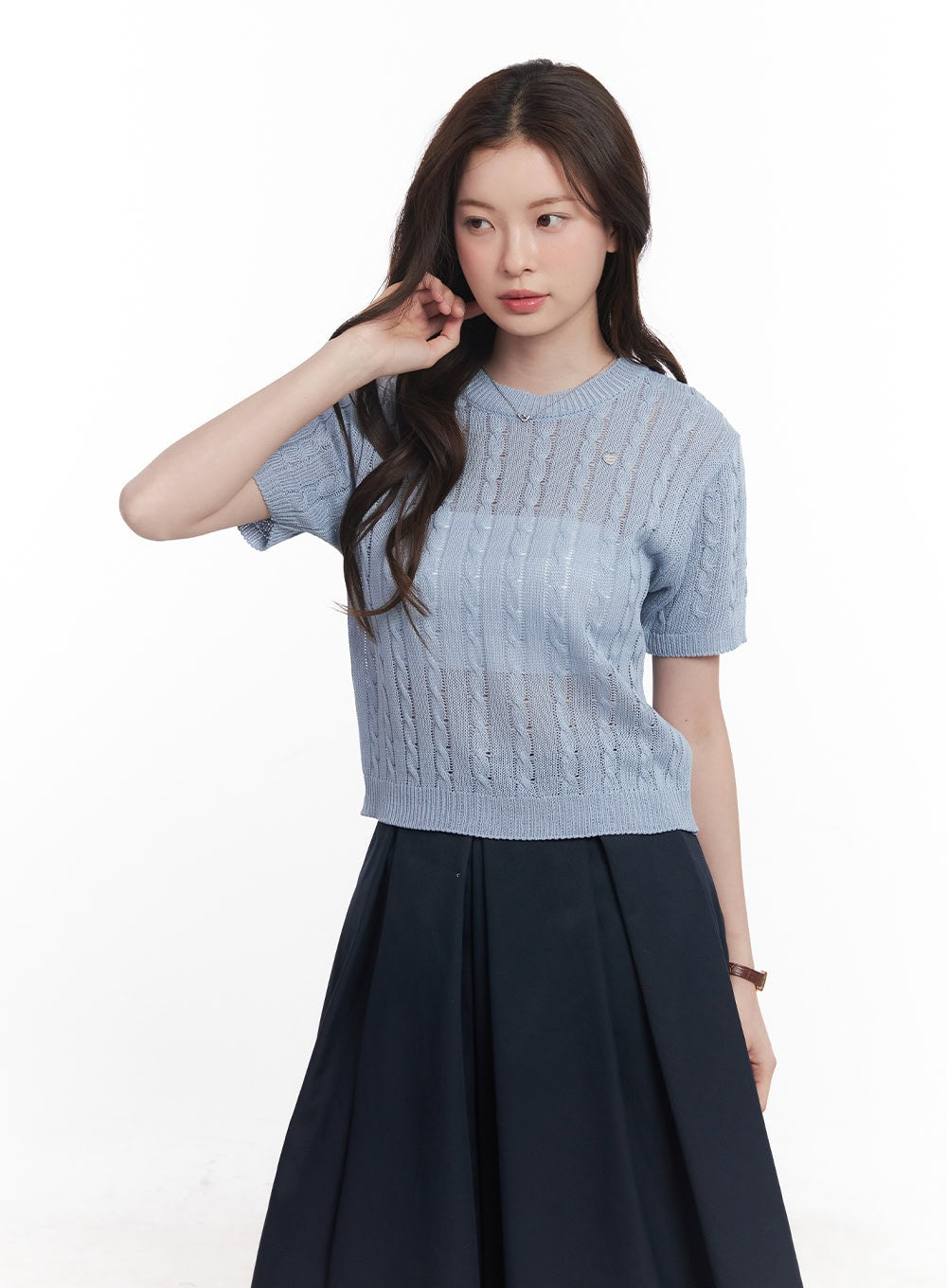 cable-knit-short-sleeve-sweater-cy515 / Light blue