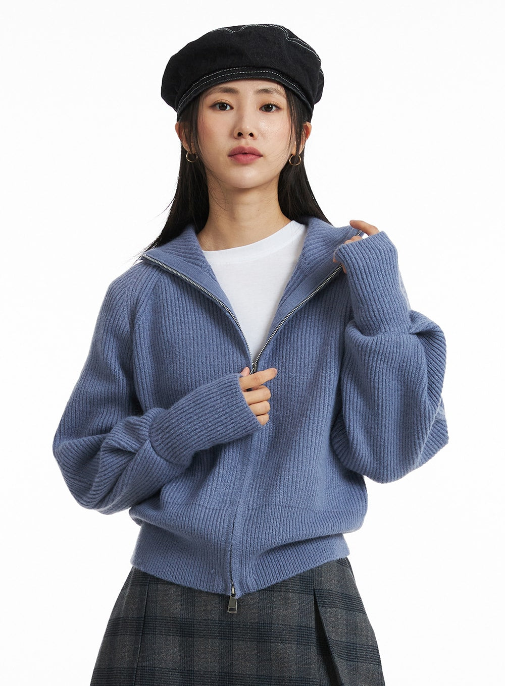 zip-up-ribbed-cardigan-oo323 / Light blue