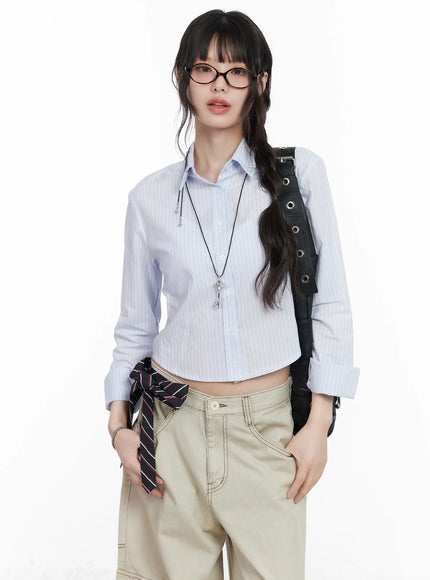 slim-fit-striped-collared-shirt-cm526 / Light blue