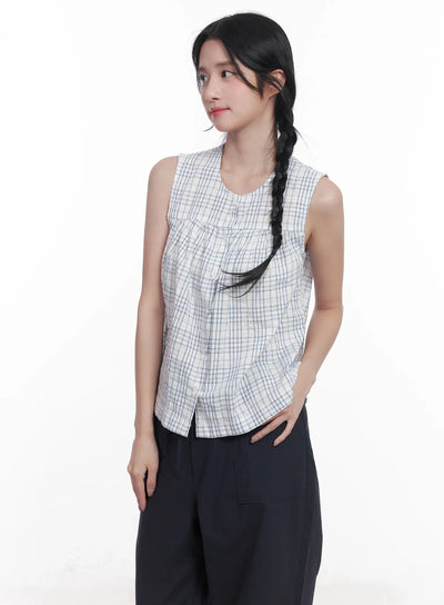 plaid-sleeveless-blouse-cu523 / Light blue