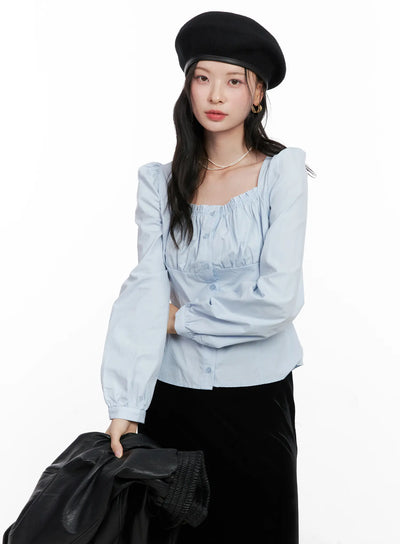shirred-square-neck-puff-blouse-cn504 / Light blue