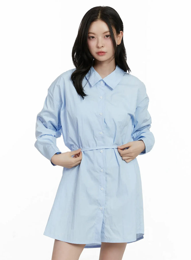 ribbon-waist-shirt-dress-f502 / Light blue