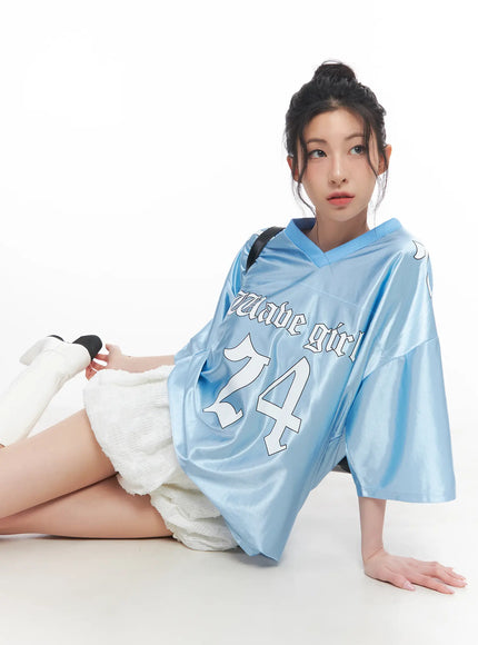 graphic-v-neck-jersey-top-cu510 / Light blue