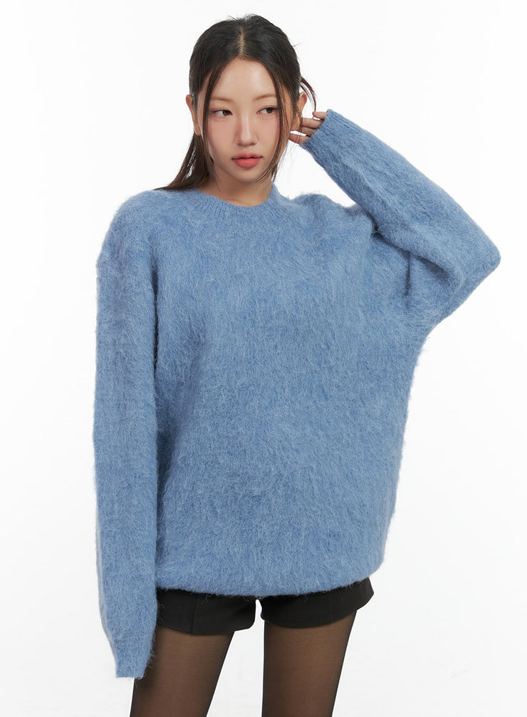 solid-knit-round-neck-sweater-co417 / Light blue