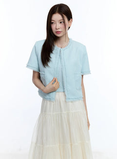 tassel-trim-short-sleeve-jacket-cu513 / Light blue