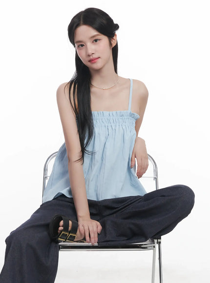 flared-shirred-square-neck-cami-cu523 / Light blue